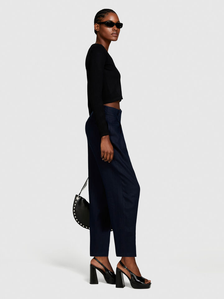100% linen barrel leg trousers - women's carrot fit trousers - Dark Blue | Sisley image number 2